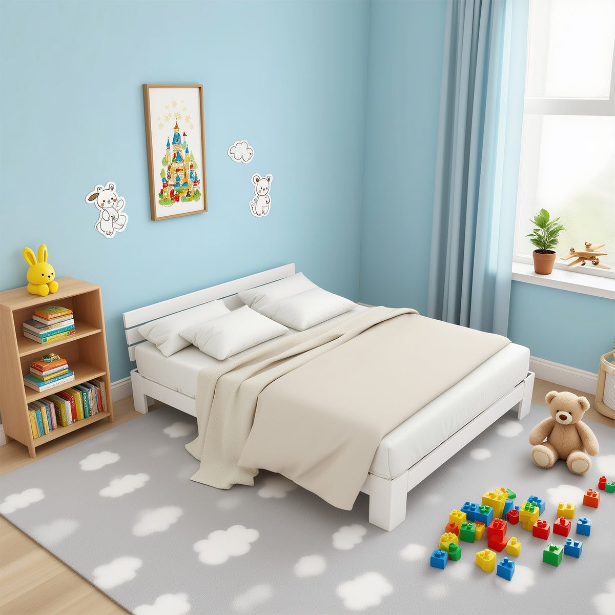 Lit double 140x200 cm en bois massif de pin blanc avec sommier à lattes et tête de lit, design rustique et compact (sans matelas)
