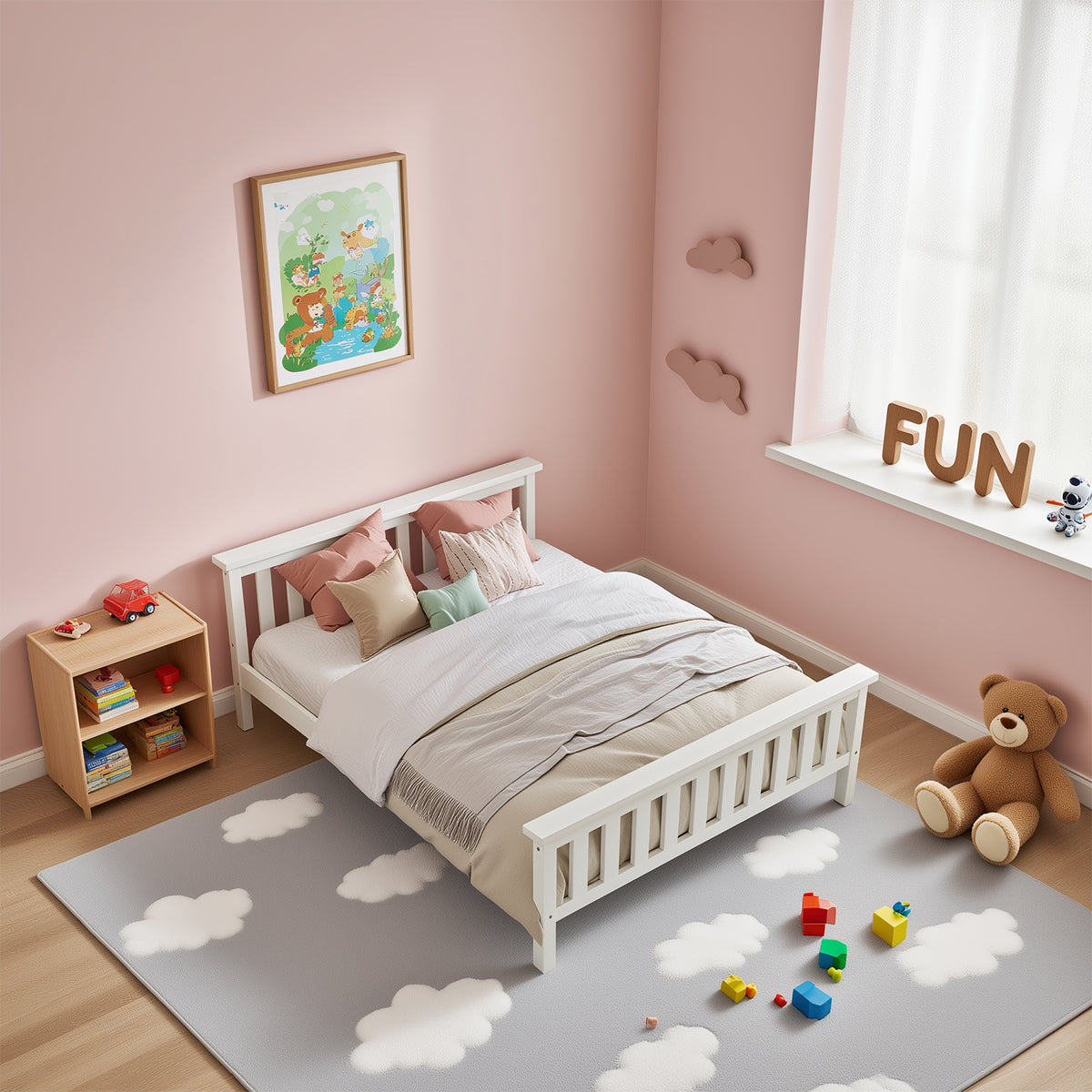 Double bed 140x200 cm in solid white pine wood with slatted box spring - robust and elegant design for adults and children (without mattresses)