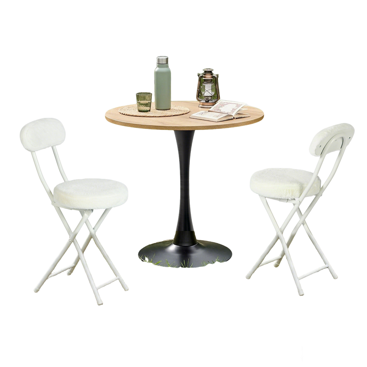 Ensemble de salle à manger de style scandinave comprenant une table ronde en chêne et quatre chaises pliantes blanches