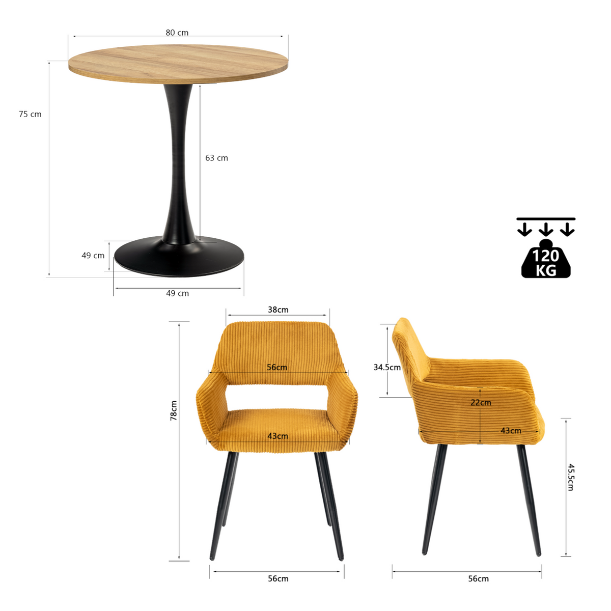 Runder Tisch in Walnussoptik Ø80 cm mit 4 schwarzen Samtstühlen, moderner und komfortabler Stil