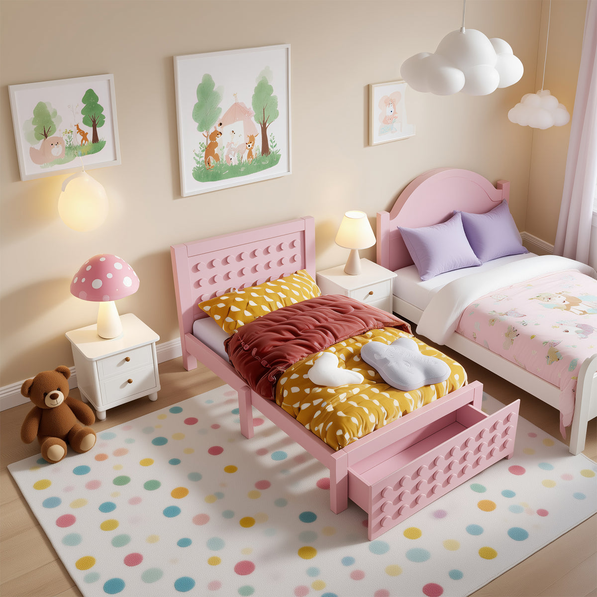 Pink child bed 90x190 cm with storage drawer and creative design in blocks, solid wood frame