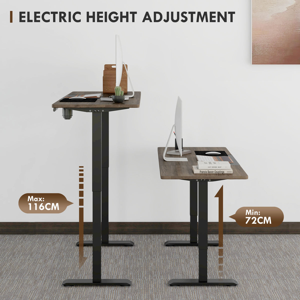 Table de bureau électrique réglable en hauteur 140x70 cm Stehschreibtisch avec moteur, cadre en métal, design nature+noir pour bureau et espace de travail