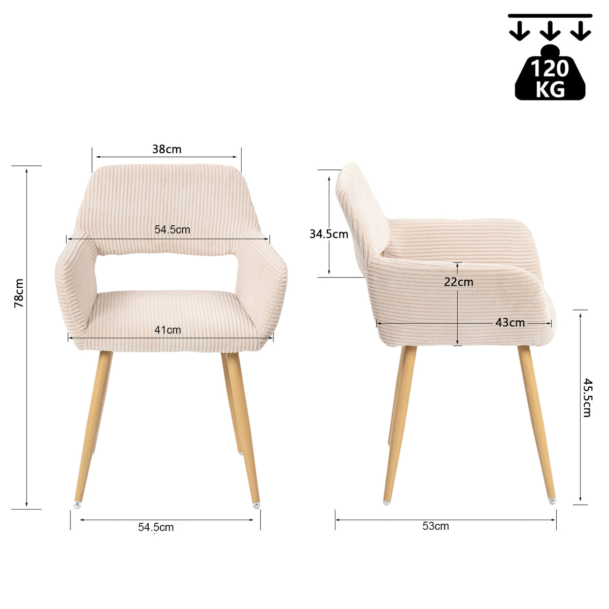 Lot de 2 fauteuils de salle à manger scandinaves avec accoudoirs en velours côtelé beige - CROMWELL CORDUROY