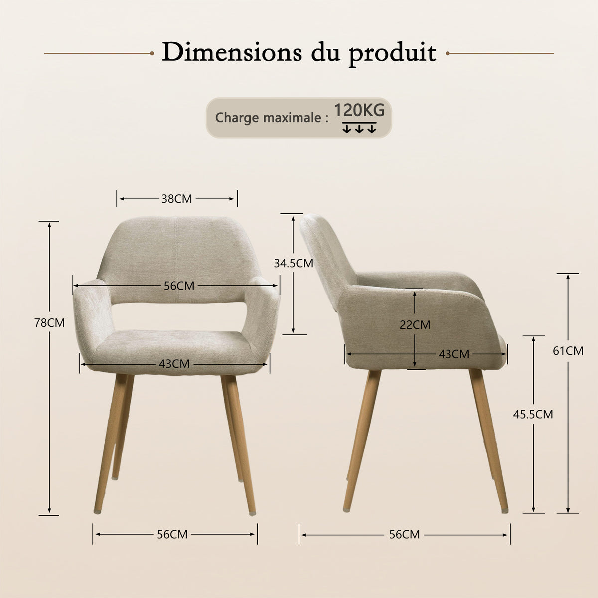 Lot de 2 fauteuils de salle à manger scandinaves avec accoudoirs en tissu beige - CROMWELL