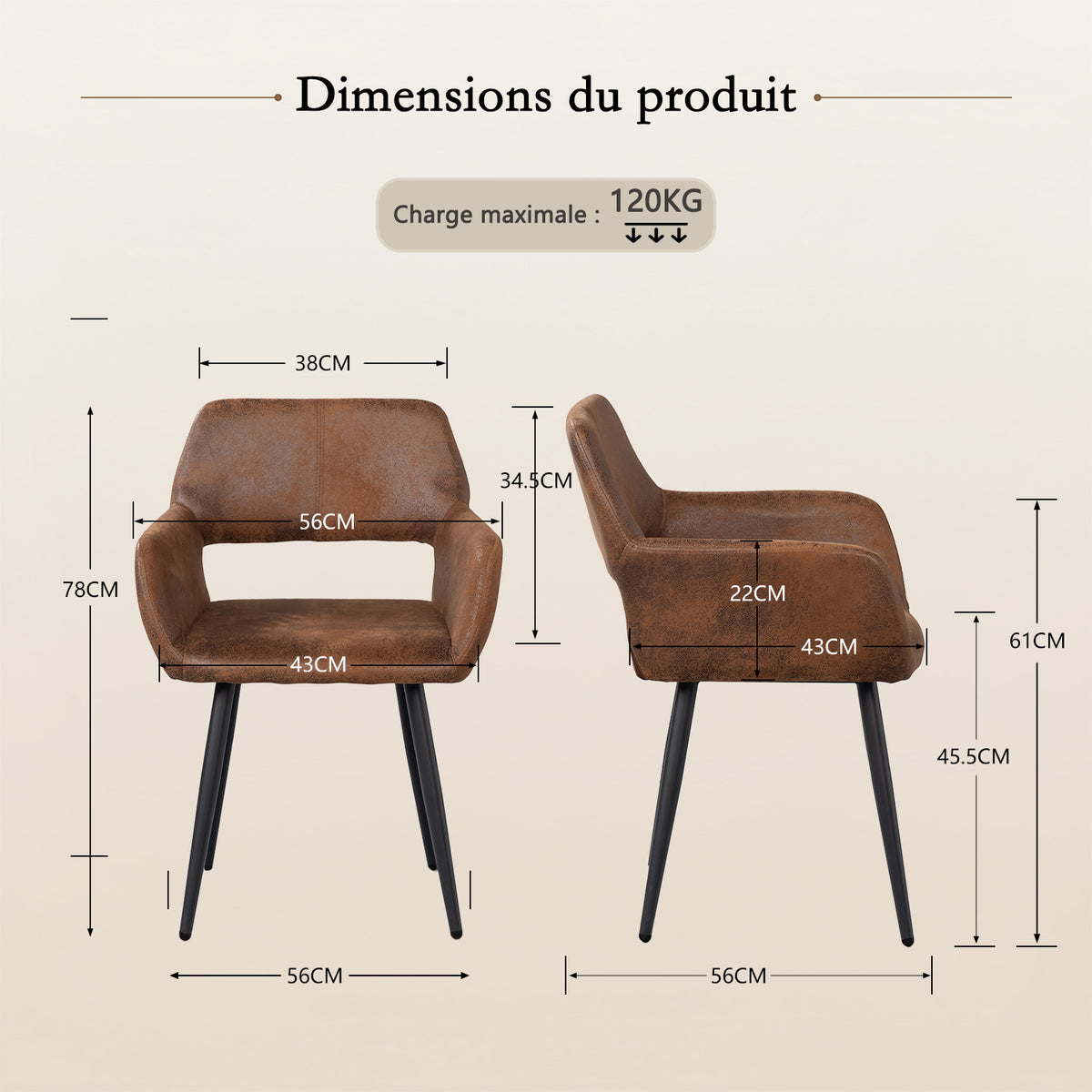 Ensemble de salle à manger de style scandinave composé d'une table ronde en chêne et de 2 fauteuils en suédine marron