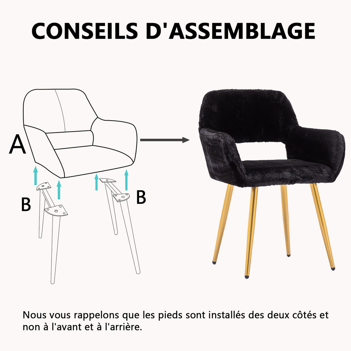 Chaise de salle à manger de style scandinave en fausse fourrure noire avec pieds en métal doré