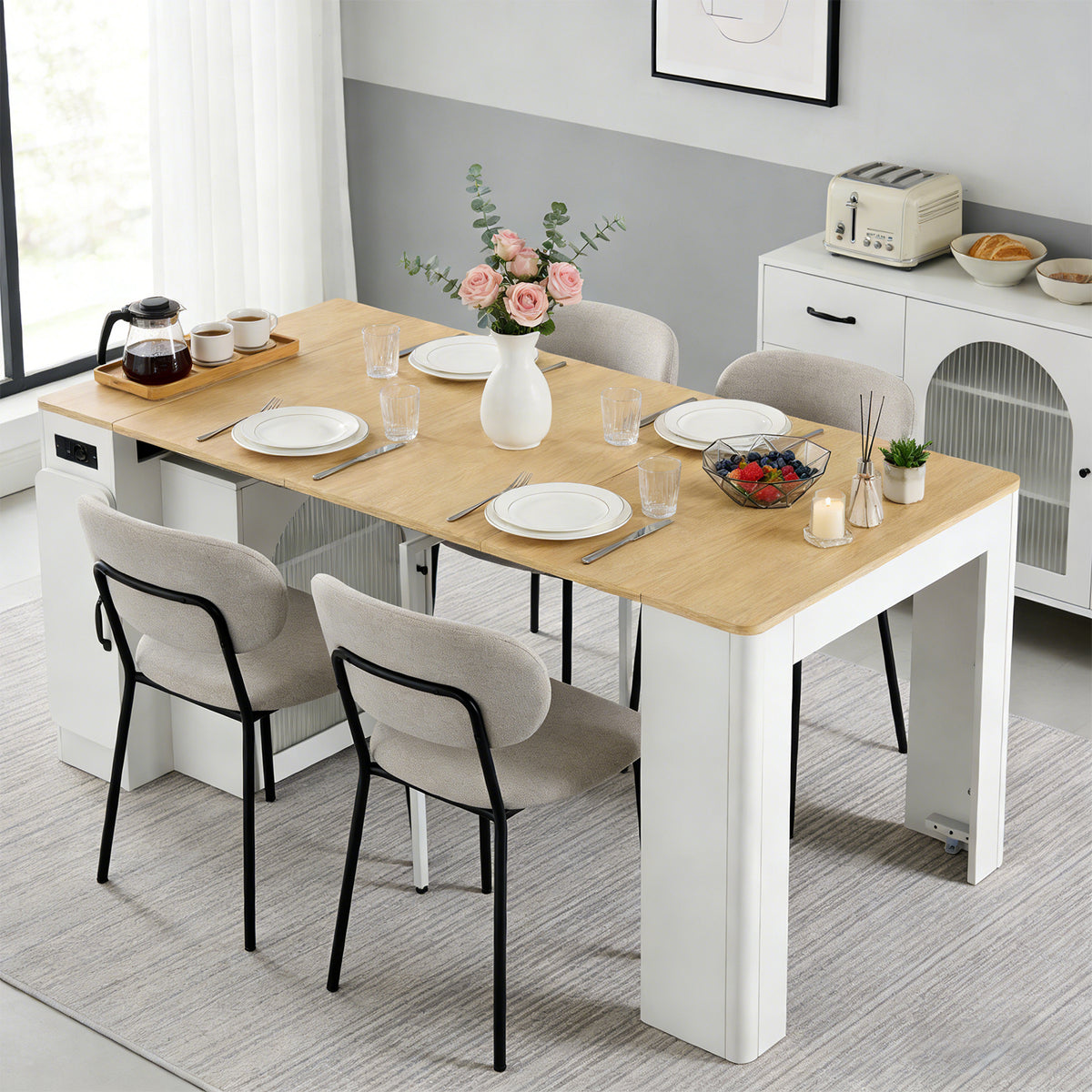 Îlot de cuisine mobile blanc avec plateau extensible et fonction de recharge