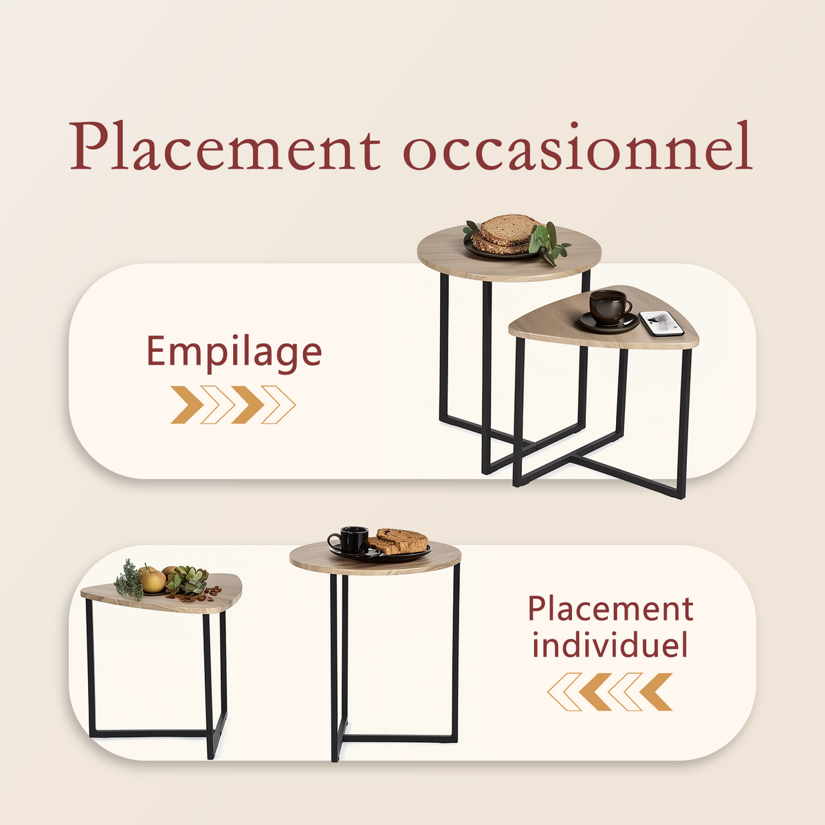 Lot de 2 tables basses gigognes style industriel en métal noir et bois imitation chêne - LAYA
