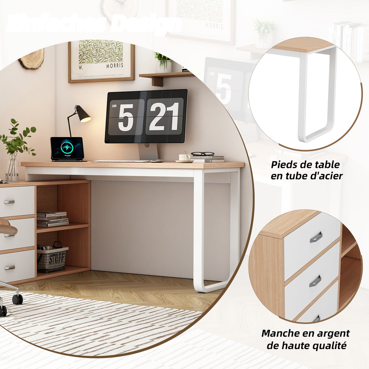 Schlichter Schreibtisch aus Naturholz mit 3 Schubladen und 2 offenen Nischen – 147×100×75,3 cm