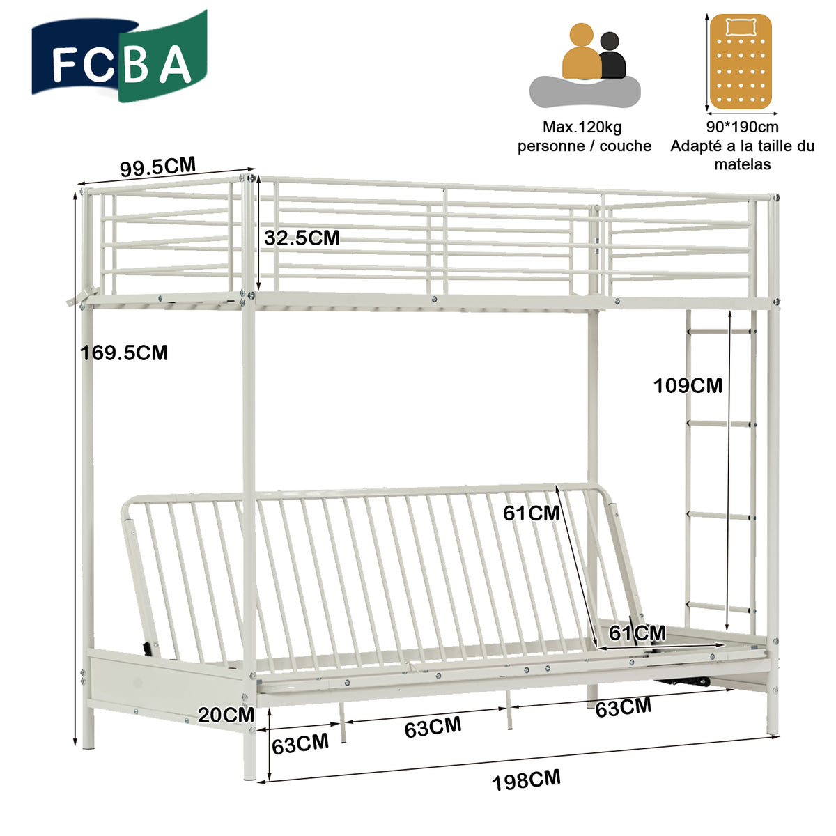 Etagenbett 90x190 cm mit Cabrio -Bank -Sofa und Weißmetallbasis in Weißmetall (Matratze nicht enthalten) - Liberty
