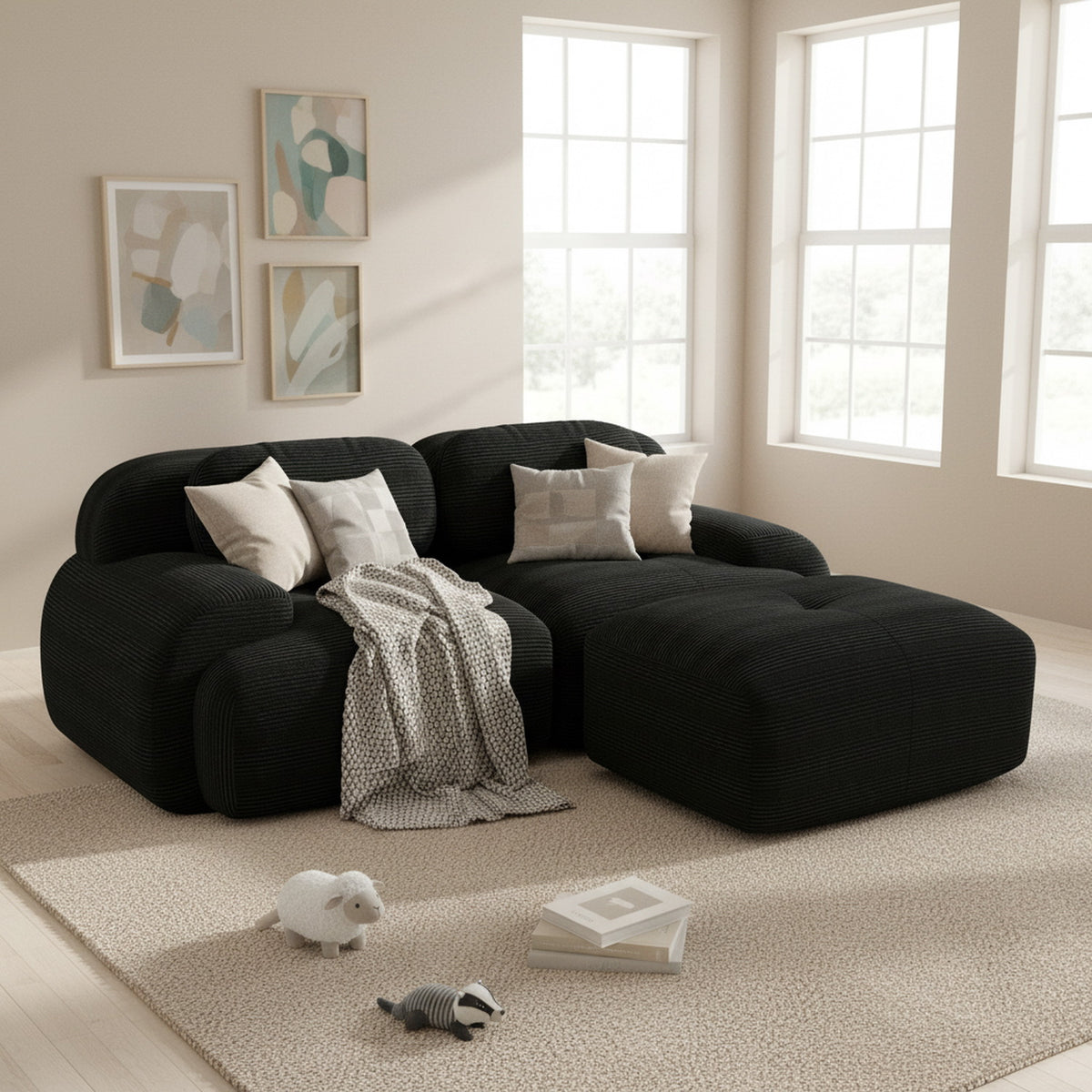 2-seater sofa bed in dark gray fabric with side pockets, modern convertible sofa