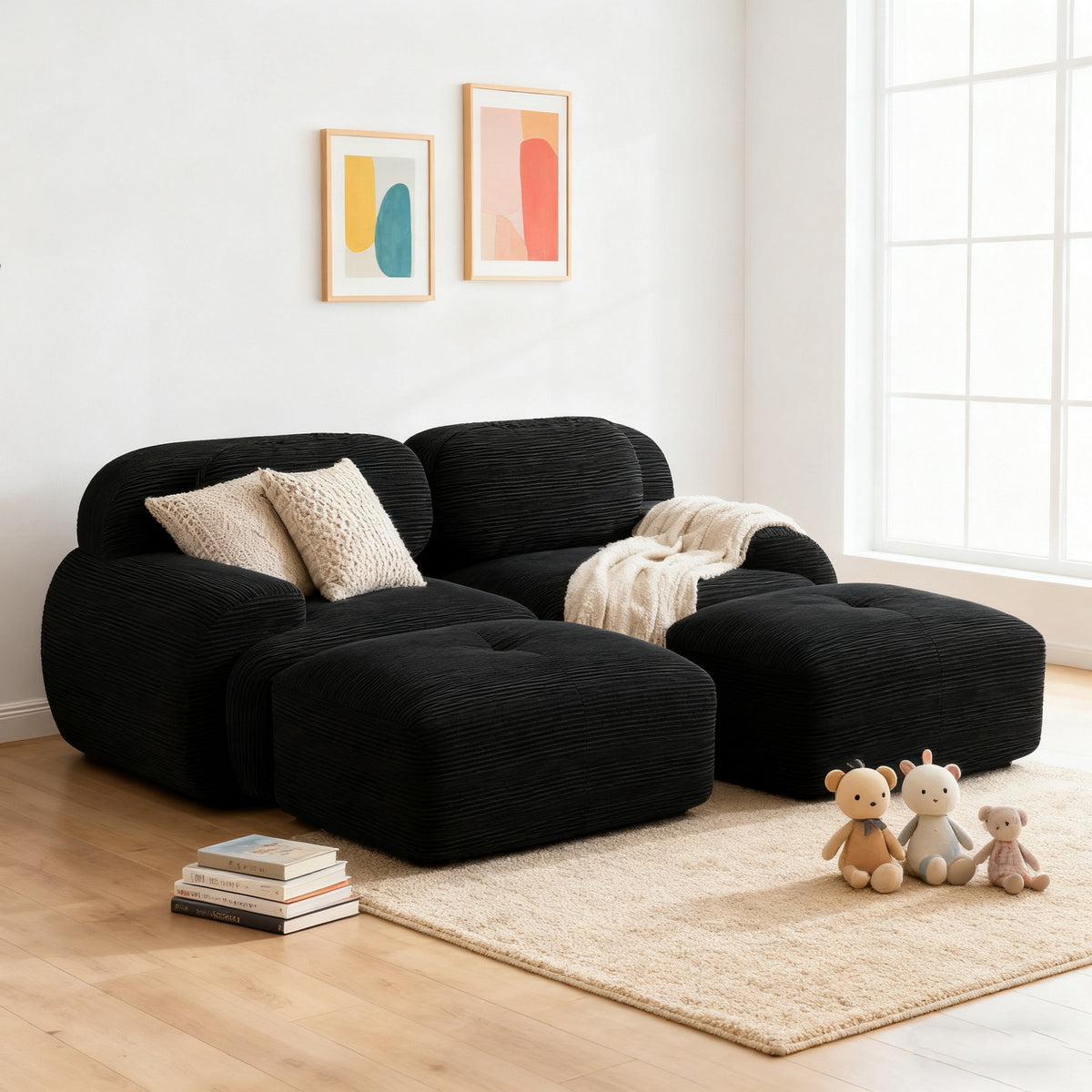 2-seater sofa bed in dark gray fabric with side pockets, modern convertible sofa