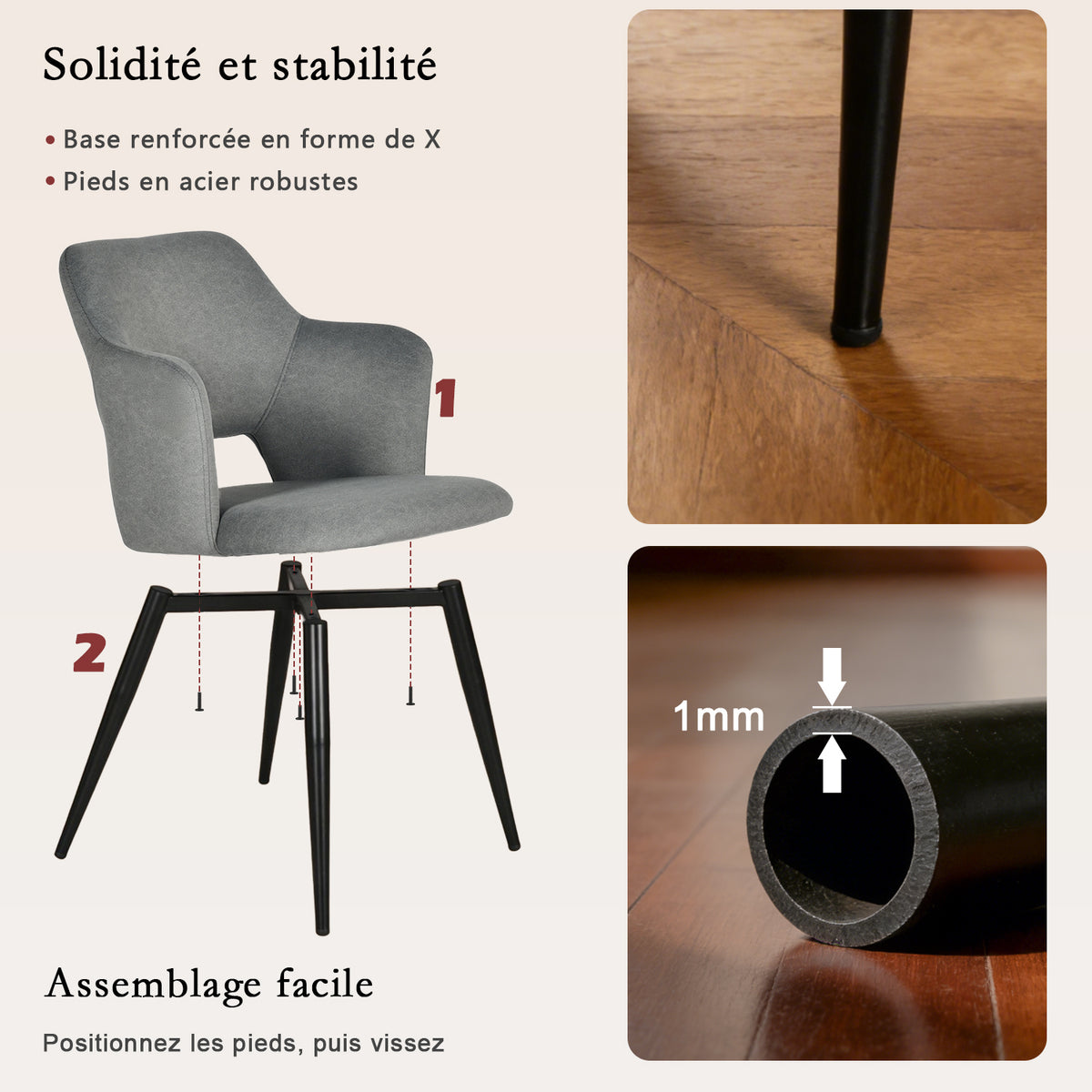 Ensemble table à manger extensible noire et 4 fauteuils en tissu gris de style scandinave
