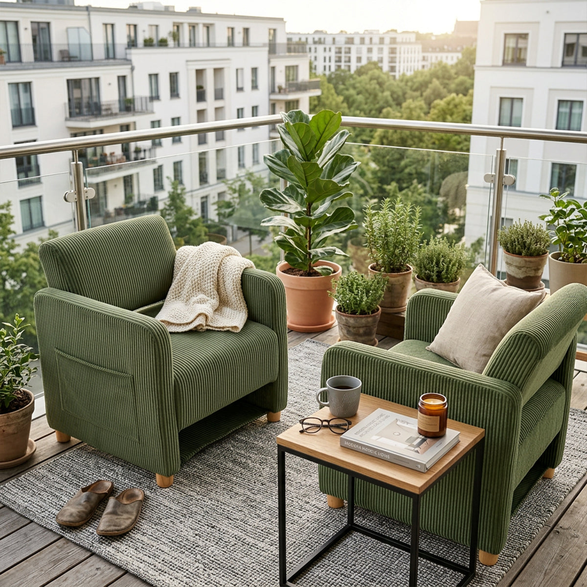 Loungesessel mit Armlehnen aus beigem Cord – DOMCO