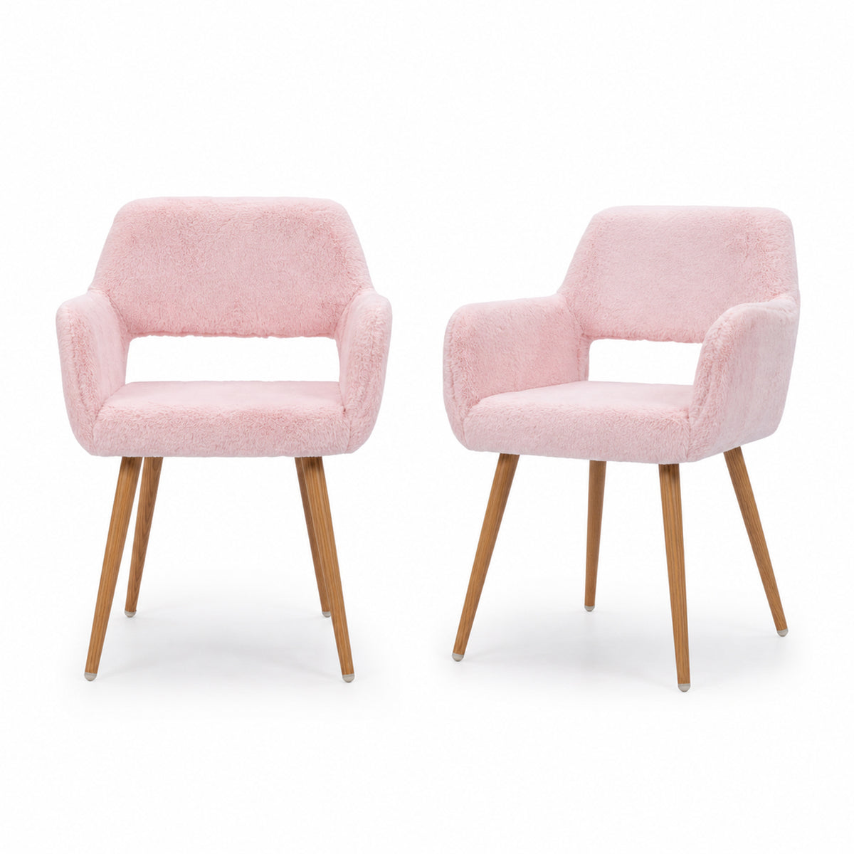 Lot de 2 fauteuils de salle à manger de style scandinave en fausse fourrure rose avec pieds en métal effet bois