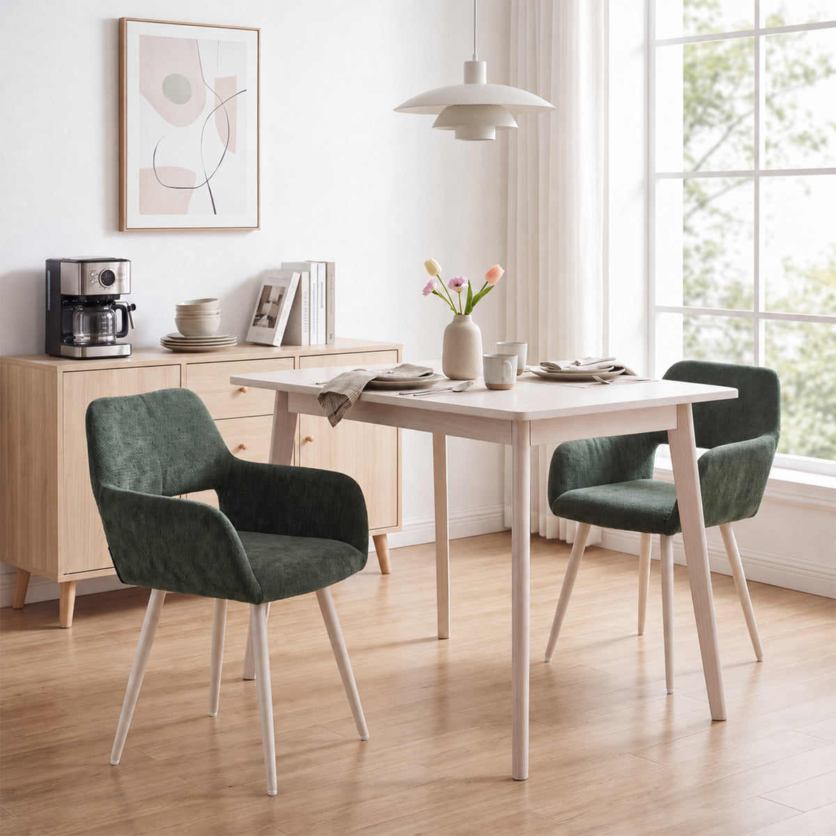 Lot de 2 fauteuils de salle à manger scandinaves avec accoudoirs en chenille vert- CROMWELL
