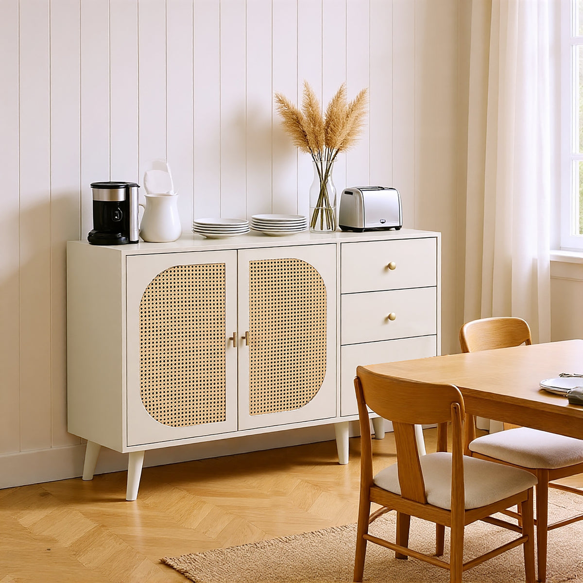 Buffet de salon et salle à manger en blanc cassé avec portes en rotin et 3 tiroirs, meuble de rangement moderne 120 cm de large