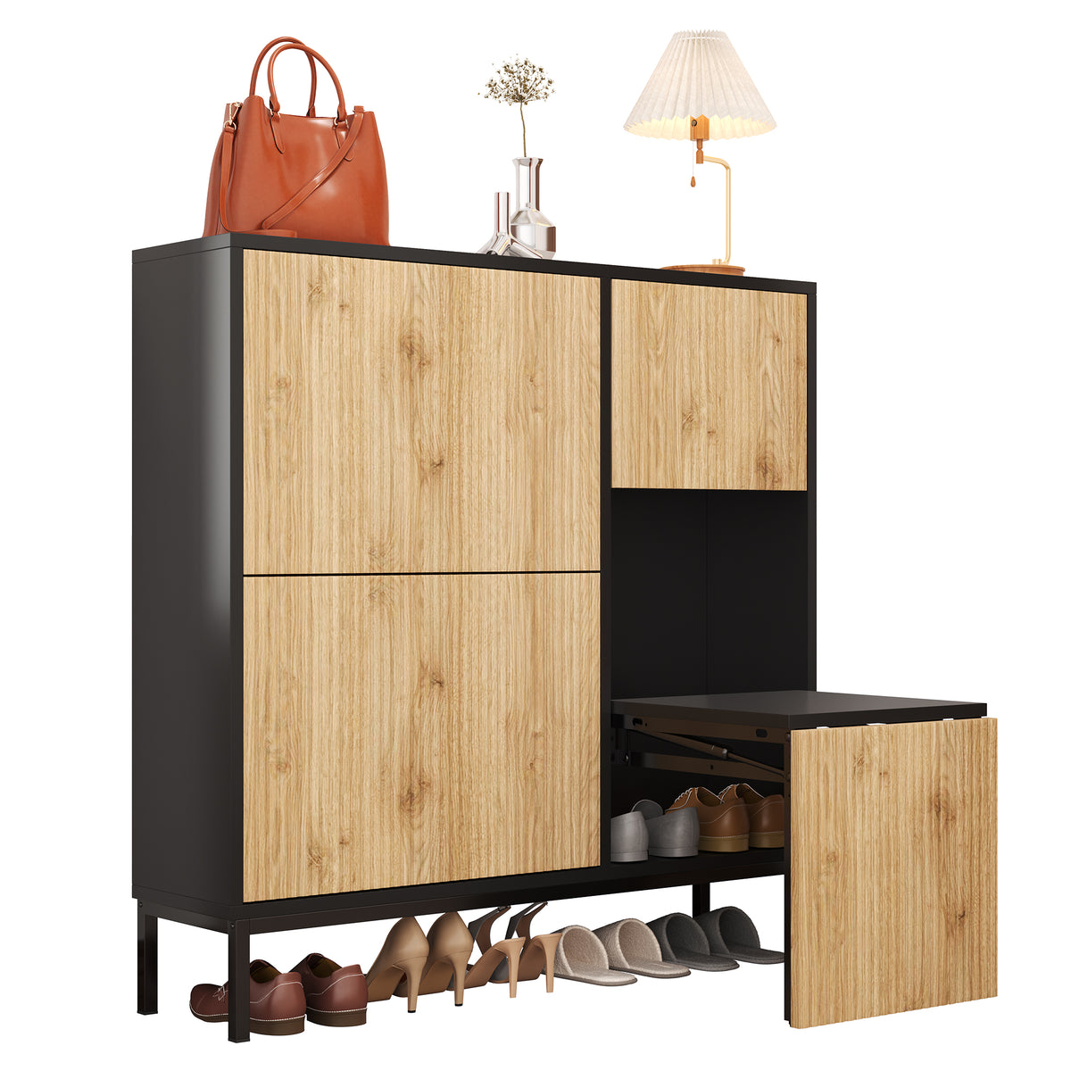 Meuble à chaussures avec banc intégré 100x25x100 cm en MDF noir et bois naturel, 3 abattants, étagères et assise escamotable, idéal pour entrée, couloir ou chambre