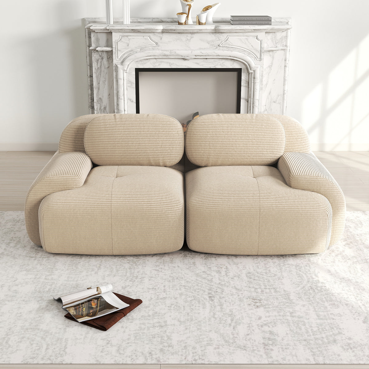 Ensemble de canapés avec accoudoirs incurvés et base antidérapante en tissu velours côtelé doux pour le salon, beige,siège 2