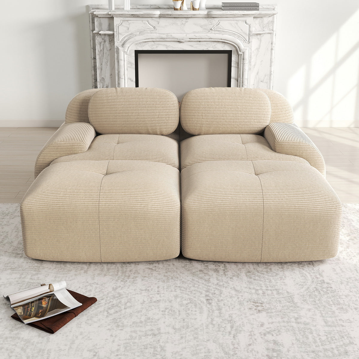 Ensemble de canapés avec accoudoirs incurvés et base antidérapante en tissu velours côtelé doux pour le salon, beige,siège2+tabouret2