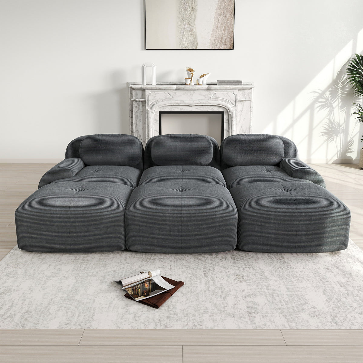 Ensemble de canapés avec accoudoirs incurvés et base antidérapante en tissu velours côtelé doux pour le salon, gris, siège 3 + tabouret 3
