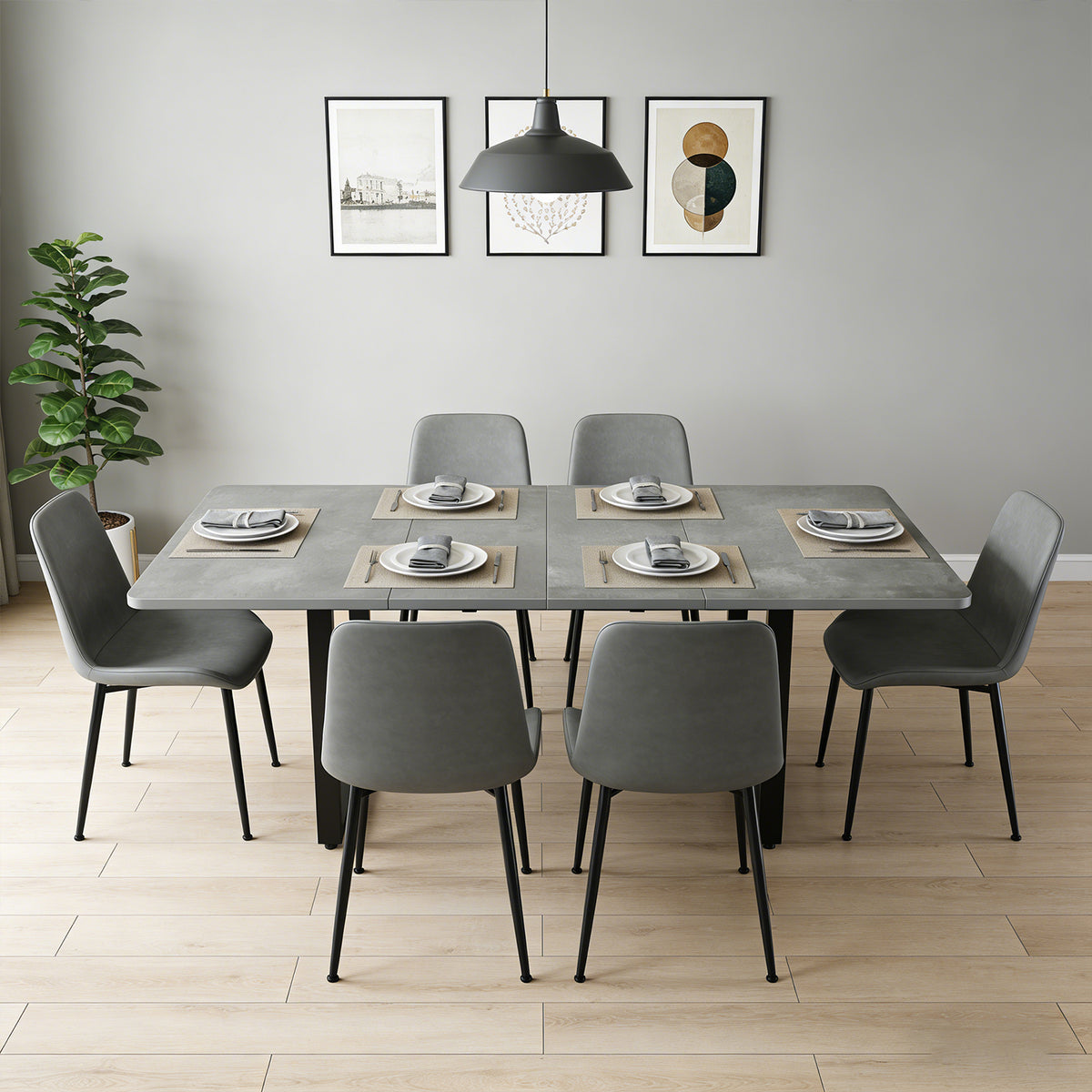 Table à manger gris extensible à trois rallonges avec pieds métalliques