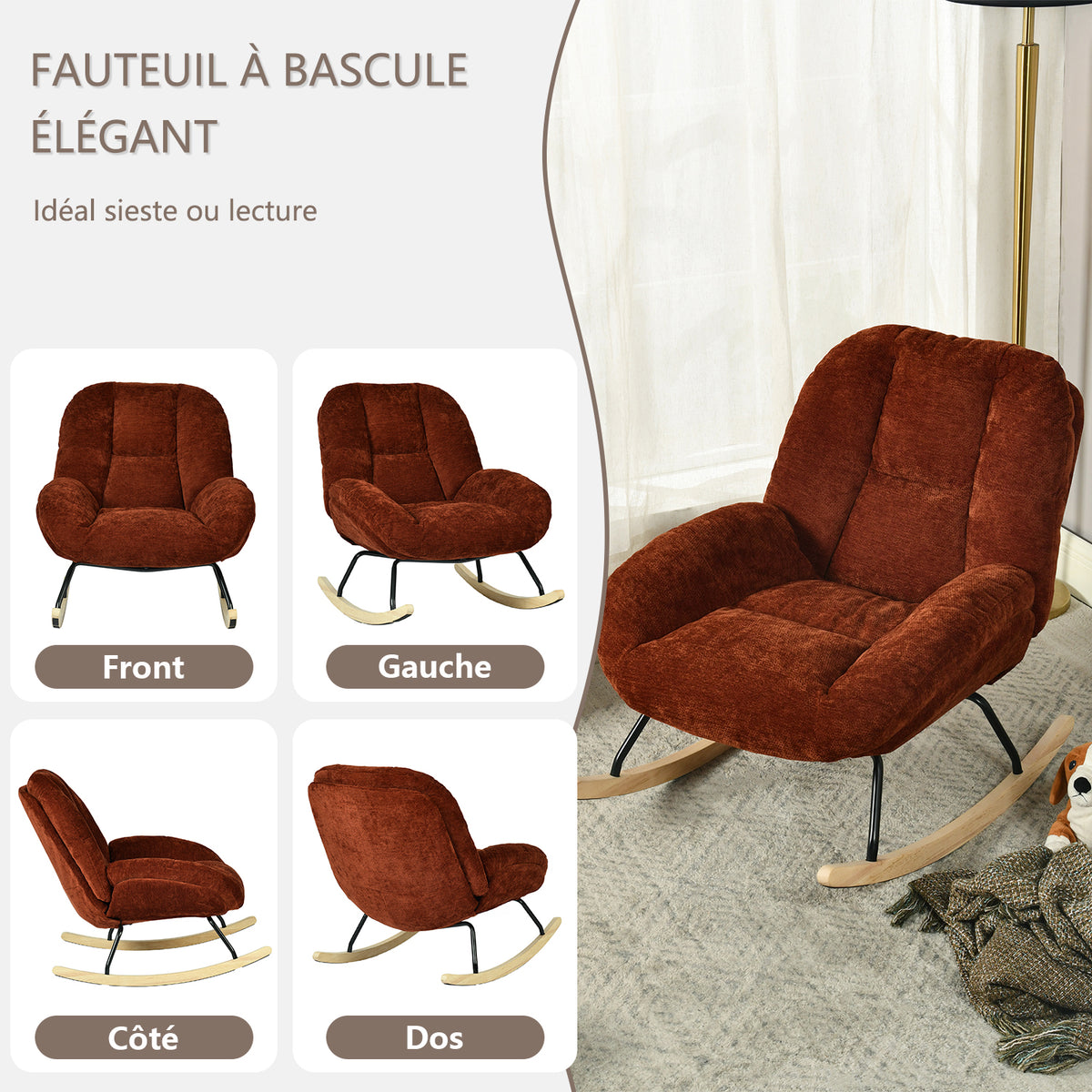 Fauteuil à bascule scandinave en tissu chenille avec accoudoirs pour salon ou chambre à coucher, rouge - LITHOPS