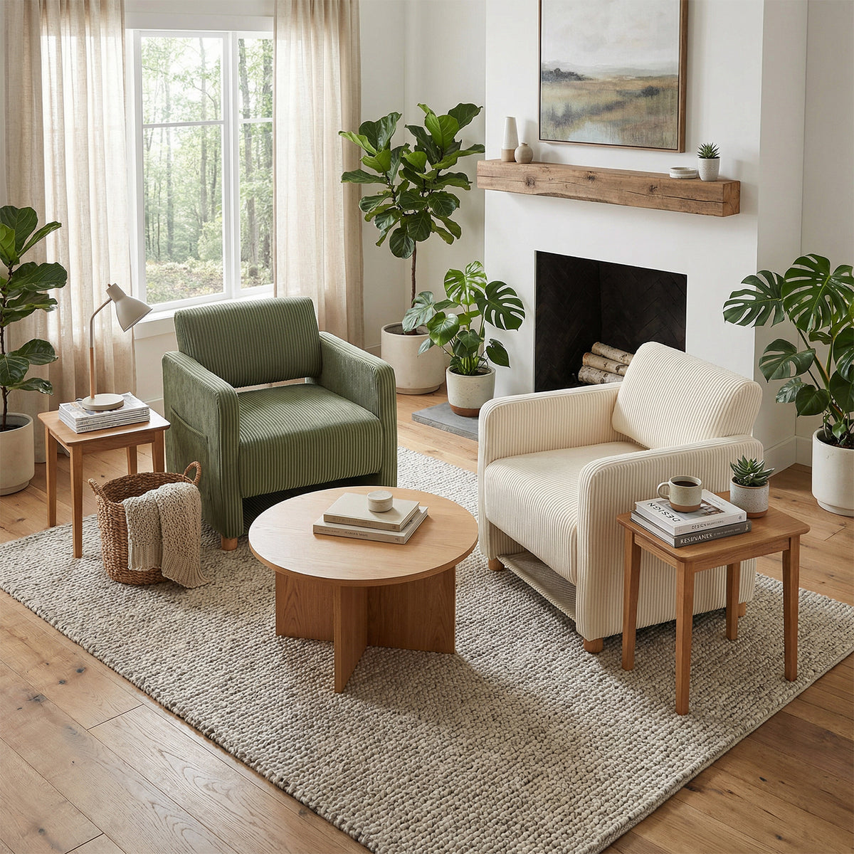 Loungesessel mit Armlehnen aus beigem Cord – DOMCO