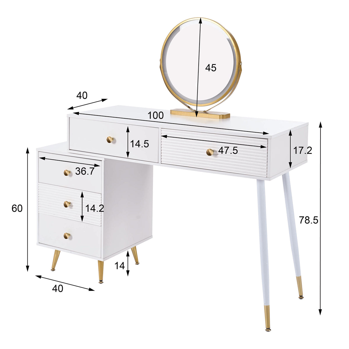 White 4-in-1 dressing table with whole mirror and rotary table mirror, padded stool, integrated storage and 3-color LED lighting, 109x36x164 cm