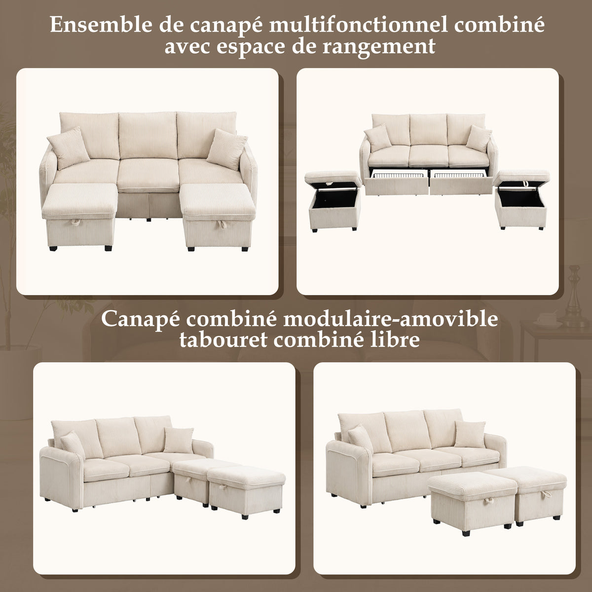 Canapé d'angle beige en forme de U 3 places avec rangement, canapé modulaire multifonction en velours côtelé