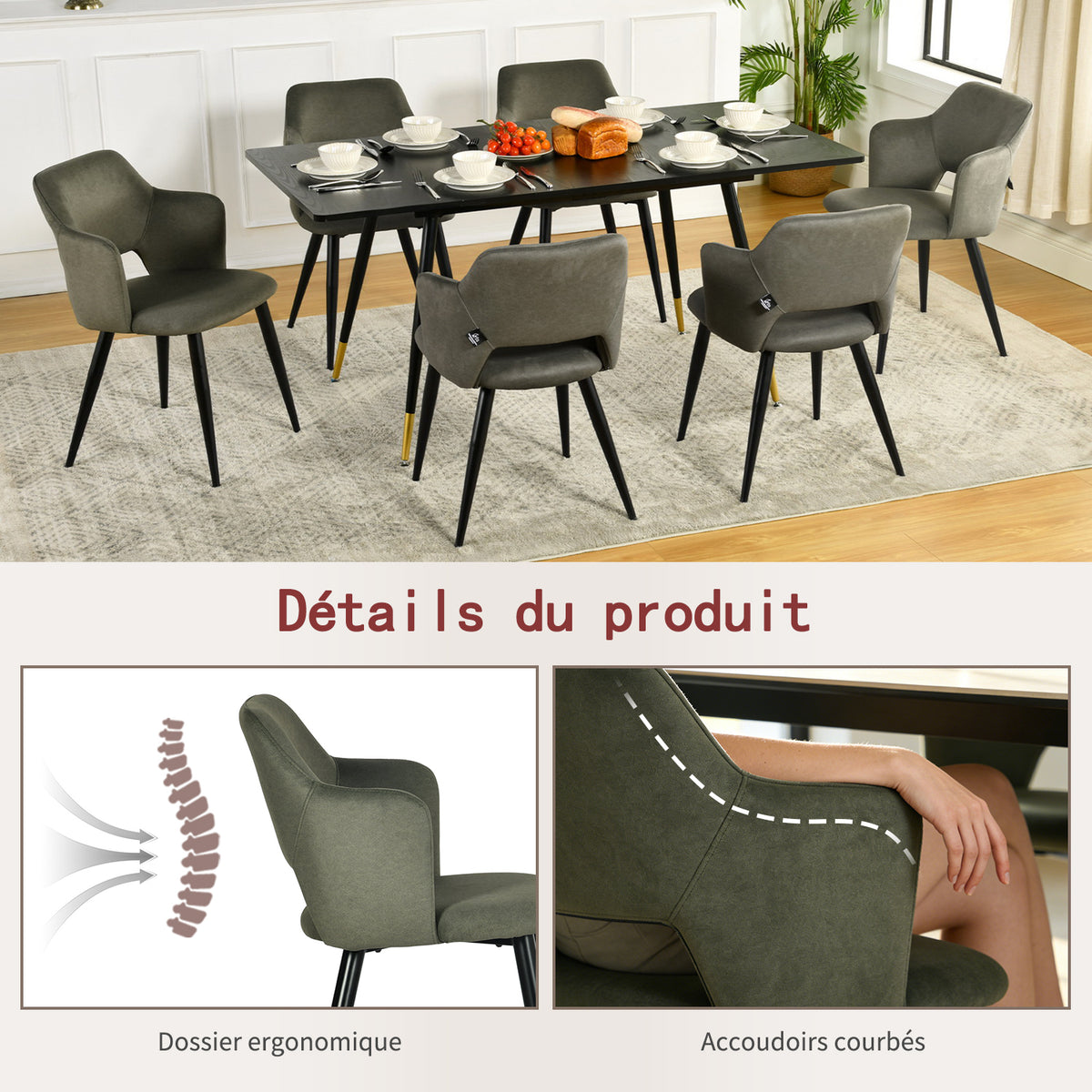 Ensemble table à manger extensible noire et 4 fauteuils en tissu vert de style scandinave