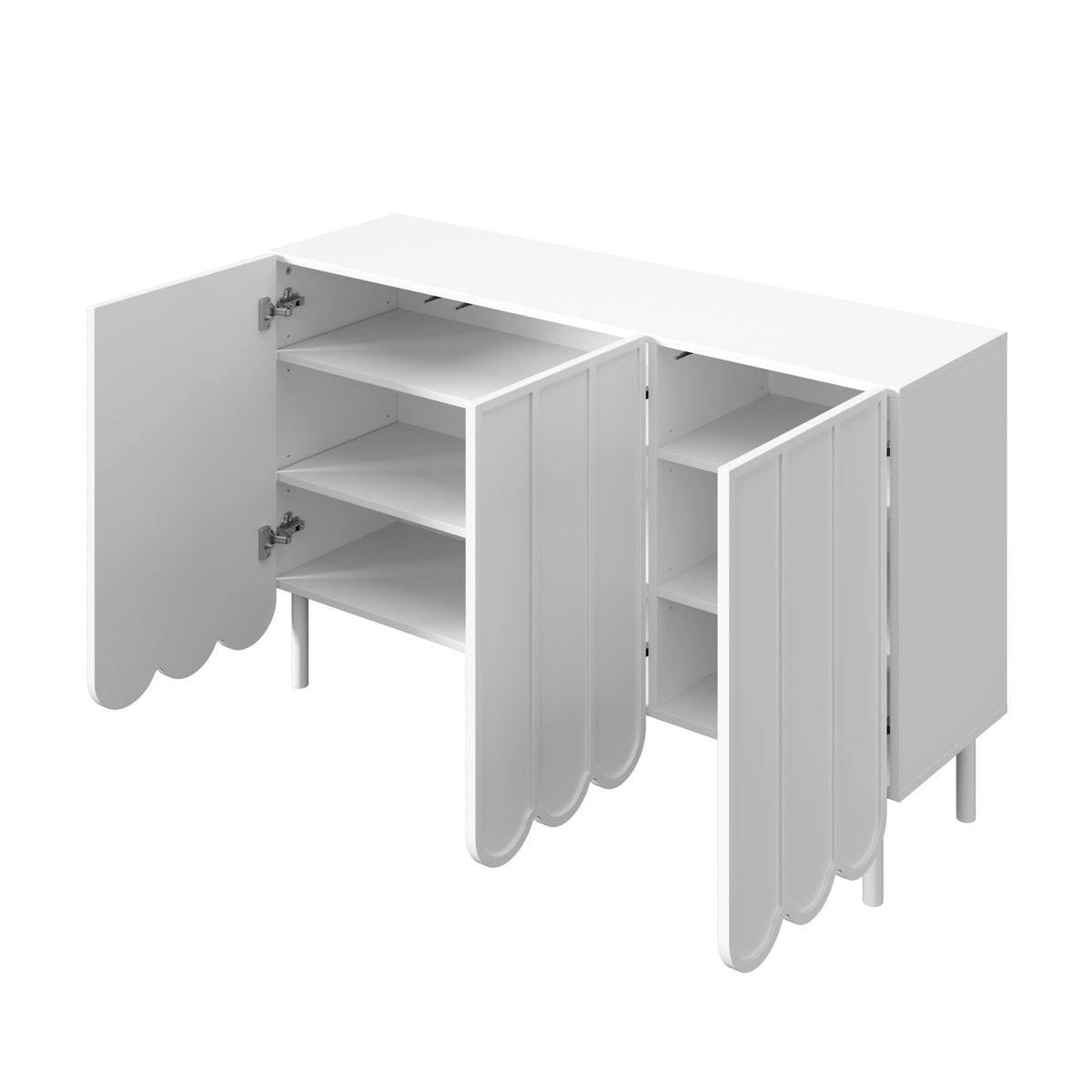 Sideboard moderne blanc 120x35x80 cm avec portes ondulées, grifflos et rayons réglables, idéal pour salon flur et salle à manger