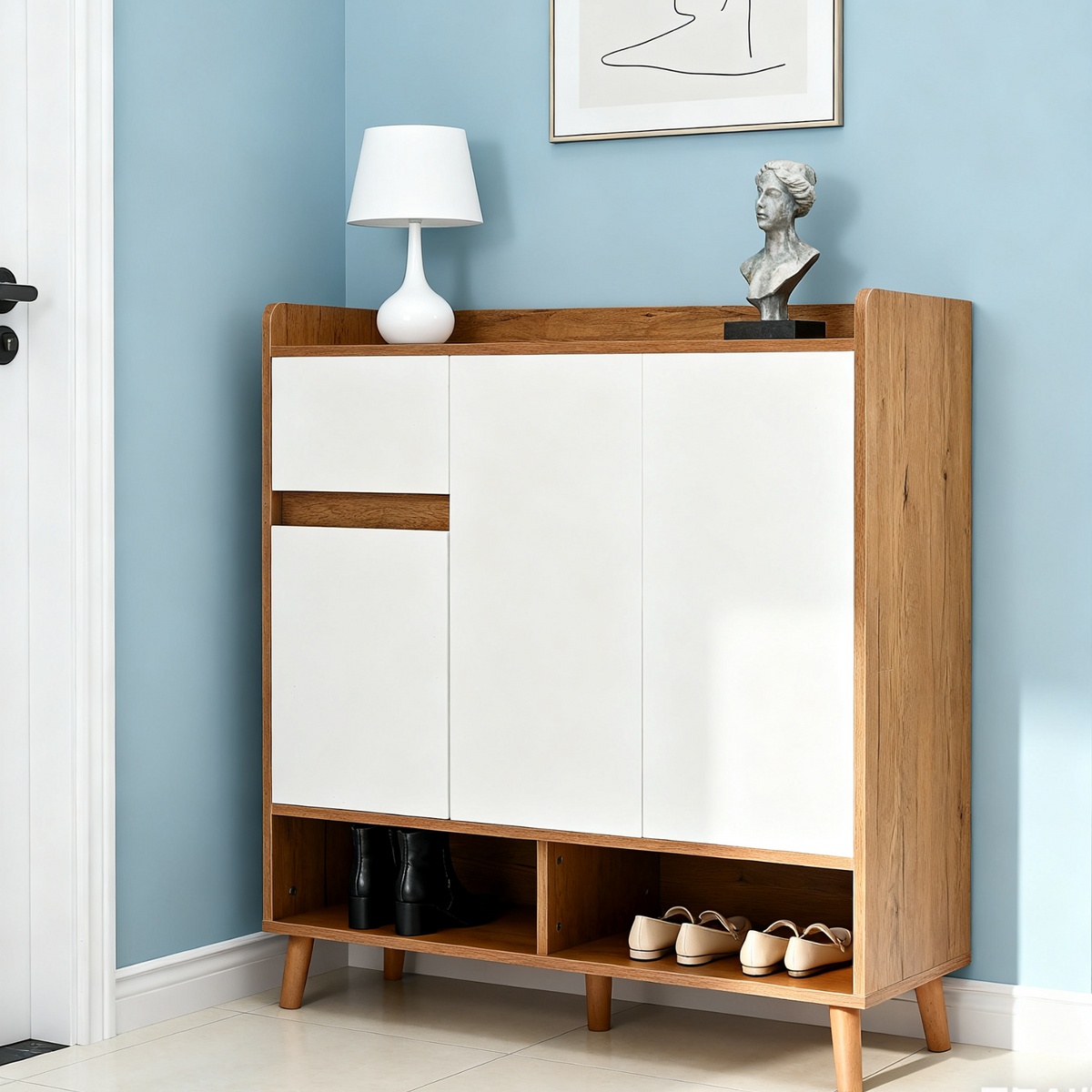 Commode / buffet / meuble à chaussures blanc et bois 90x35x99 cm avec étagères réglables et pieds en bois massif