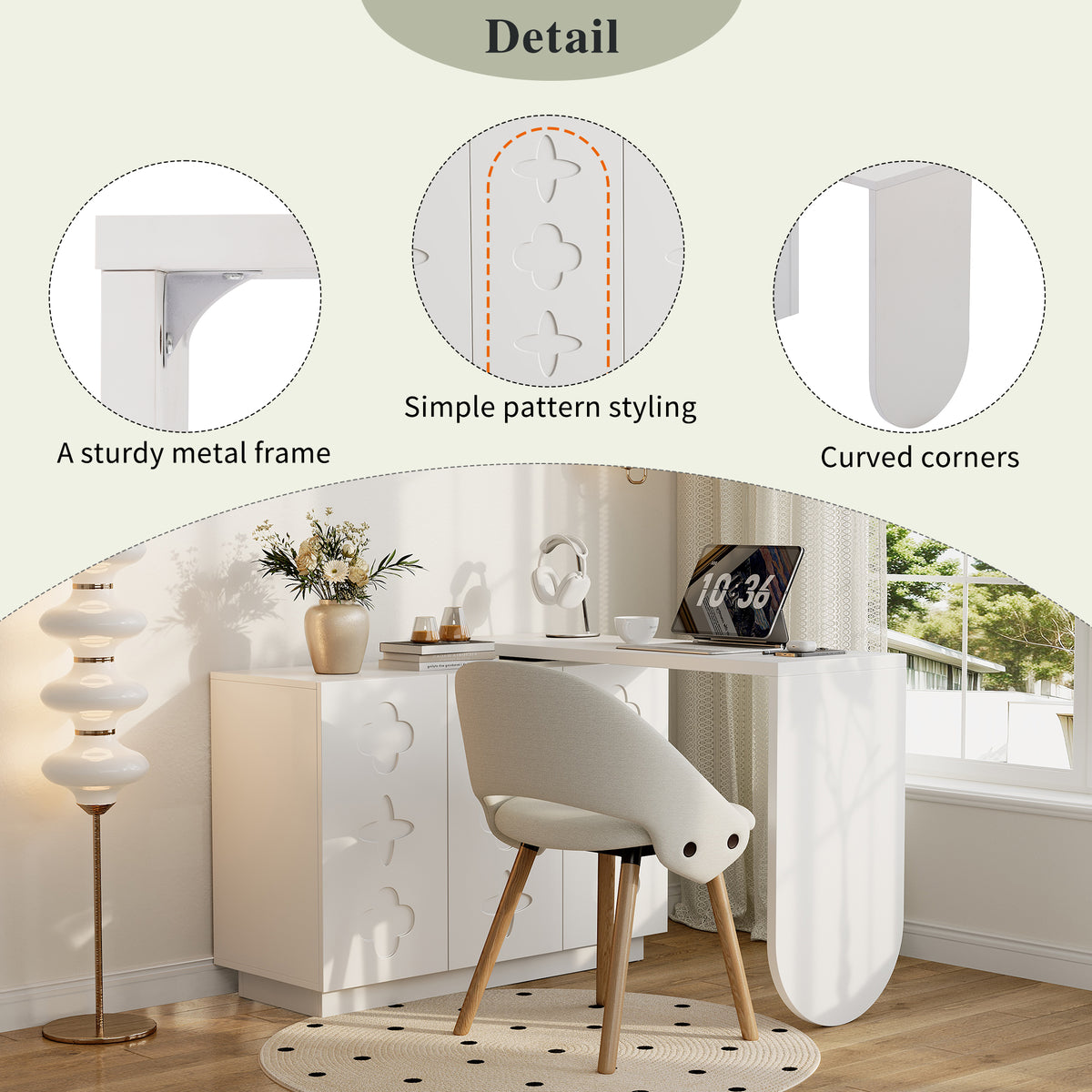 Bureau d'angle pivotant en L blanc de 110 cm, avec 3 placards de rangement, portes à fermeture douce et étagères réglables, idéal pour un bureau ou un studio de beauté