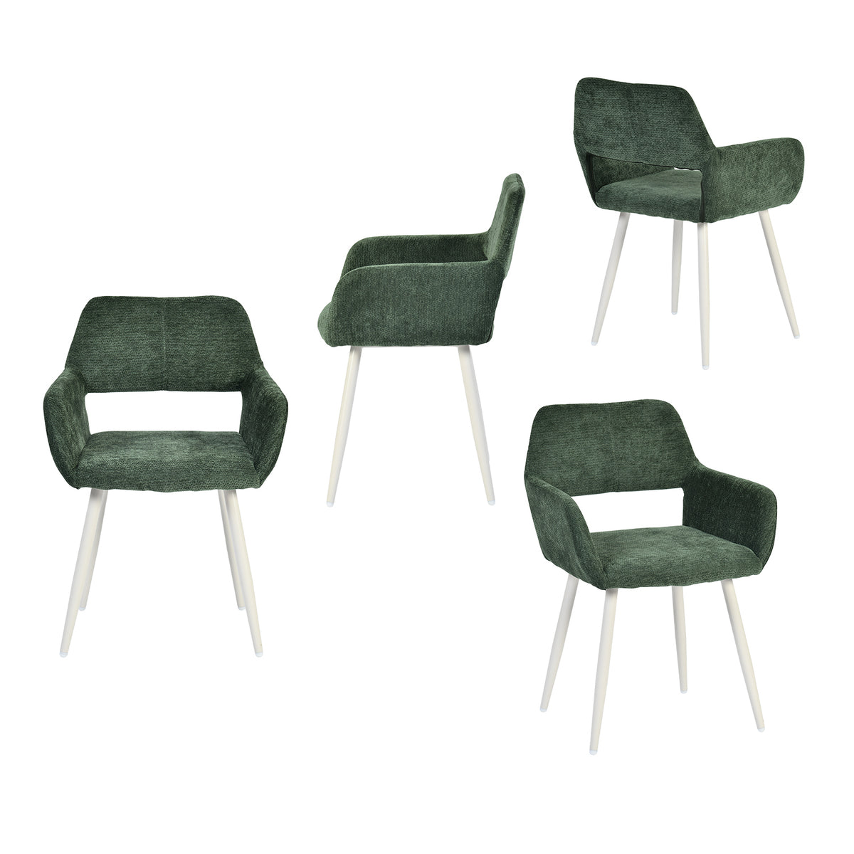 Lot de 4 fauteuils de salle à manger scandinaves avec accoudoirs en chenille vert- CROMWELL