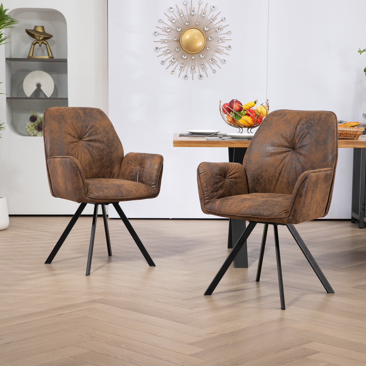Lot de 2 chaises de salle à manger confortables en suédine avec accoudoirs - CALF SUEDE BROWN