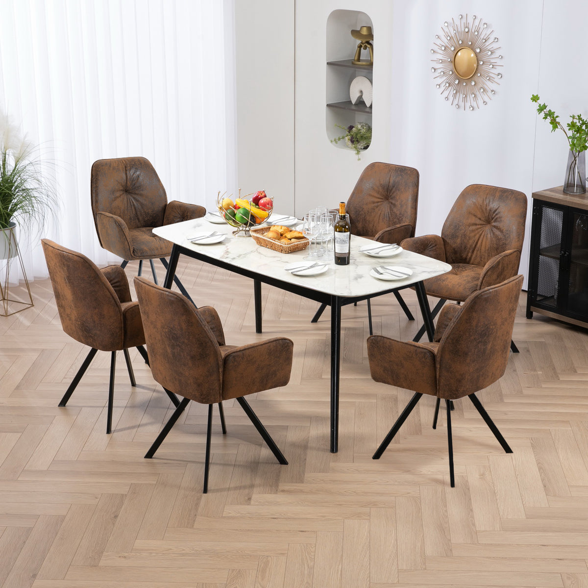 Set of 6 comfortable dining chairs in suede with armrests - calf suede brown 6pcs