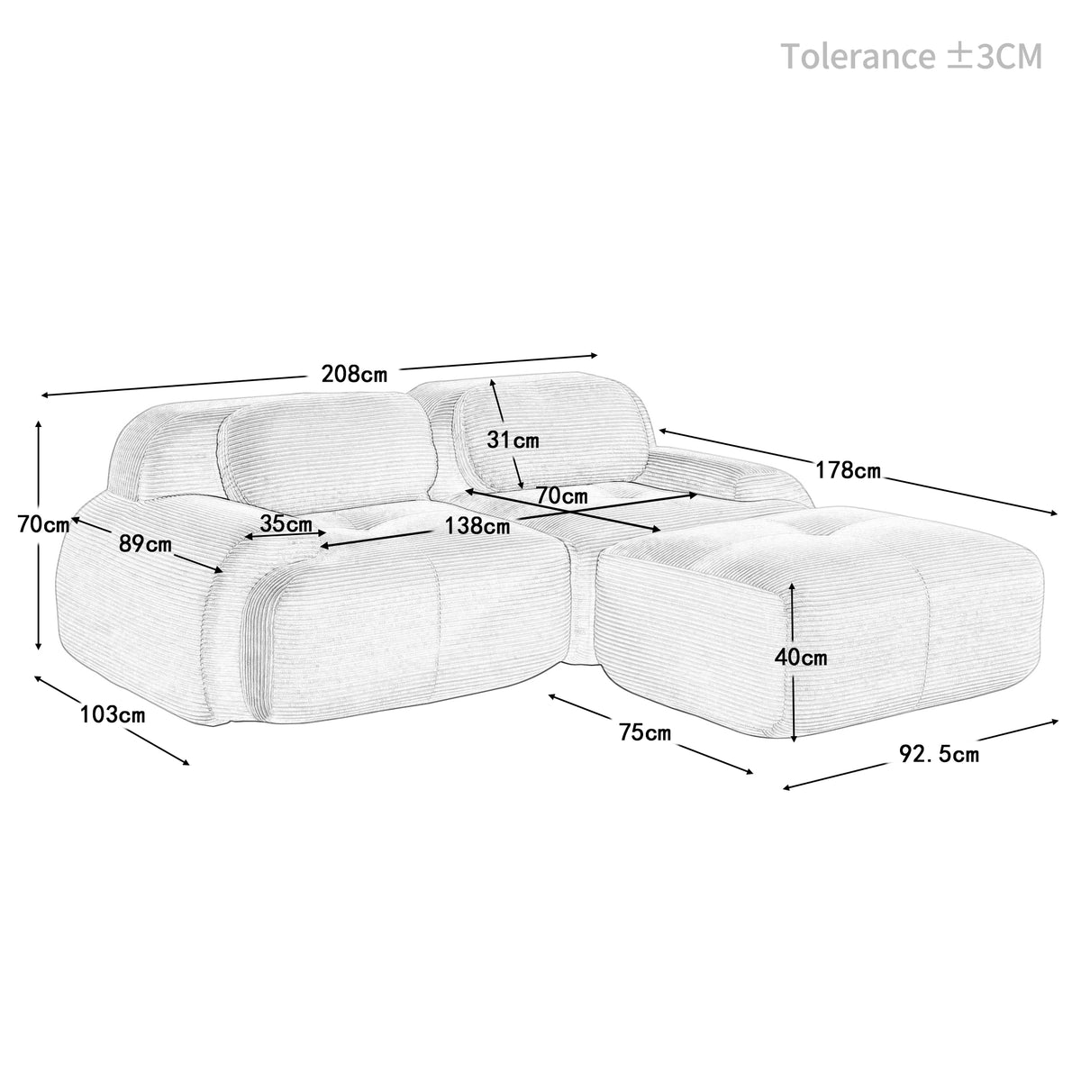 Ensemble de canapés avec accoudoirs incurvés et base antidérapante en tissu velours côtelé doux pour le salon, gris, siège 2 + tabouret 1