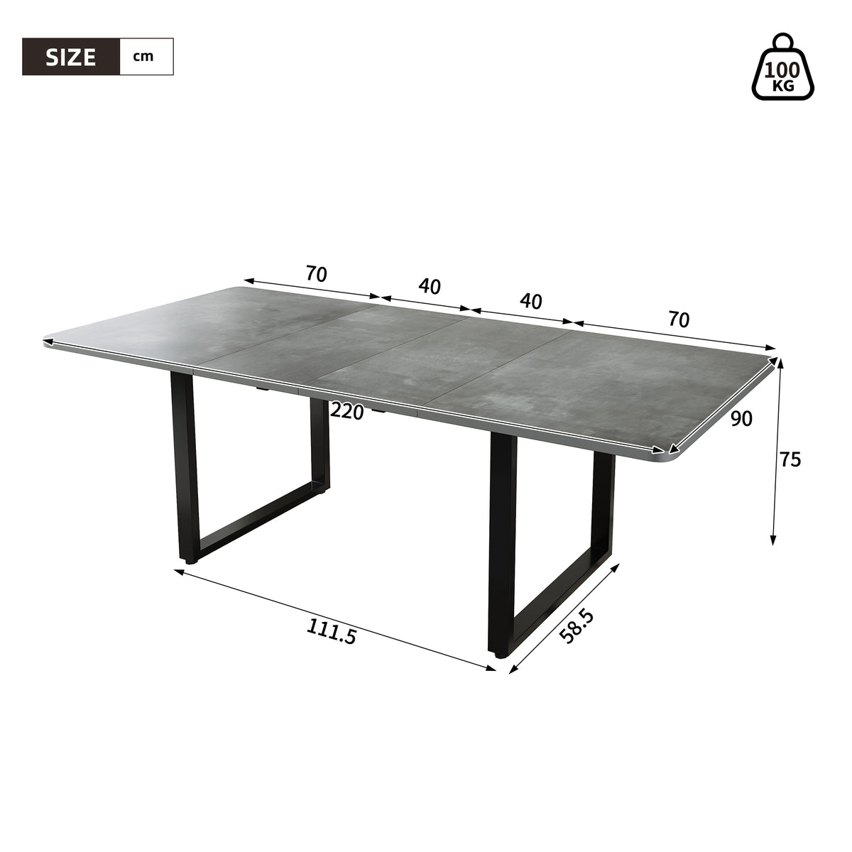 Table à manger gris extensible à trois rallonges avec pieds métalliques