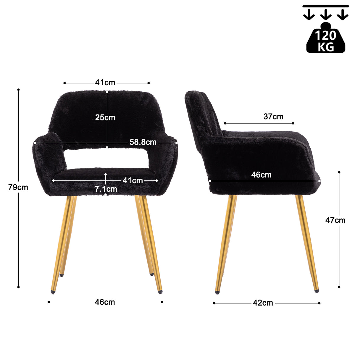 Chaise de salle à manger de style scandinave en fausse fourrure noire avec pieds en métal doré