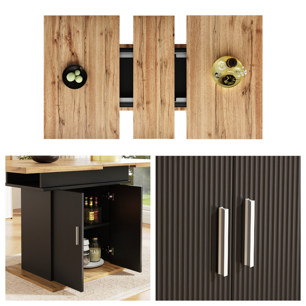Table à manger télescopique extensible naturel-noir avec 3 niveaux de rangement