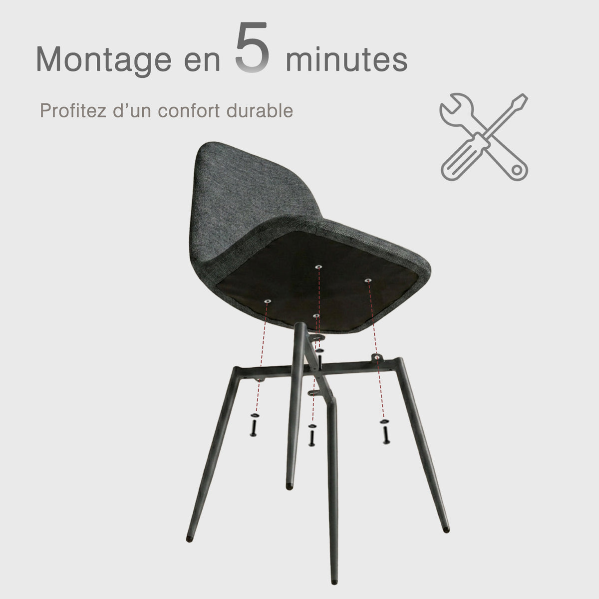 Lot de 4 chaises de salle à manger en tissu gris doux, chaises de détente avec dossier et pieds métalliques assortis scandinave - CHARLTON