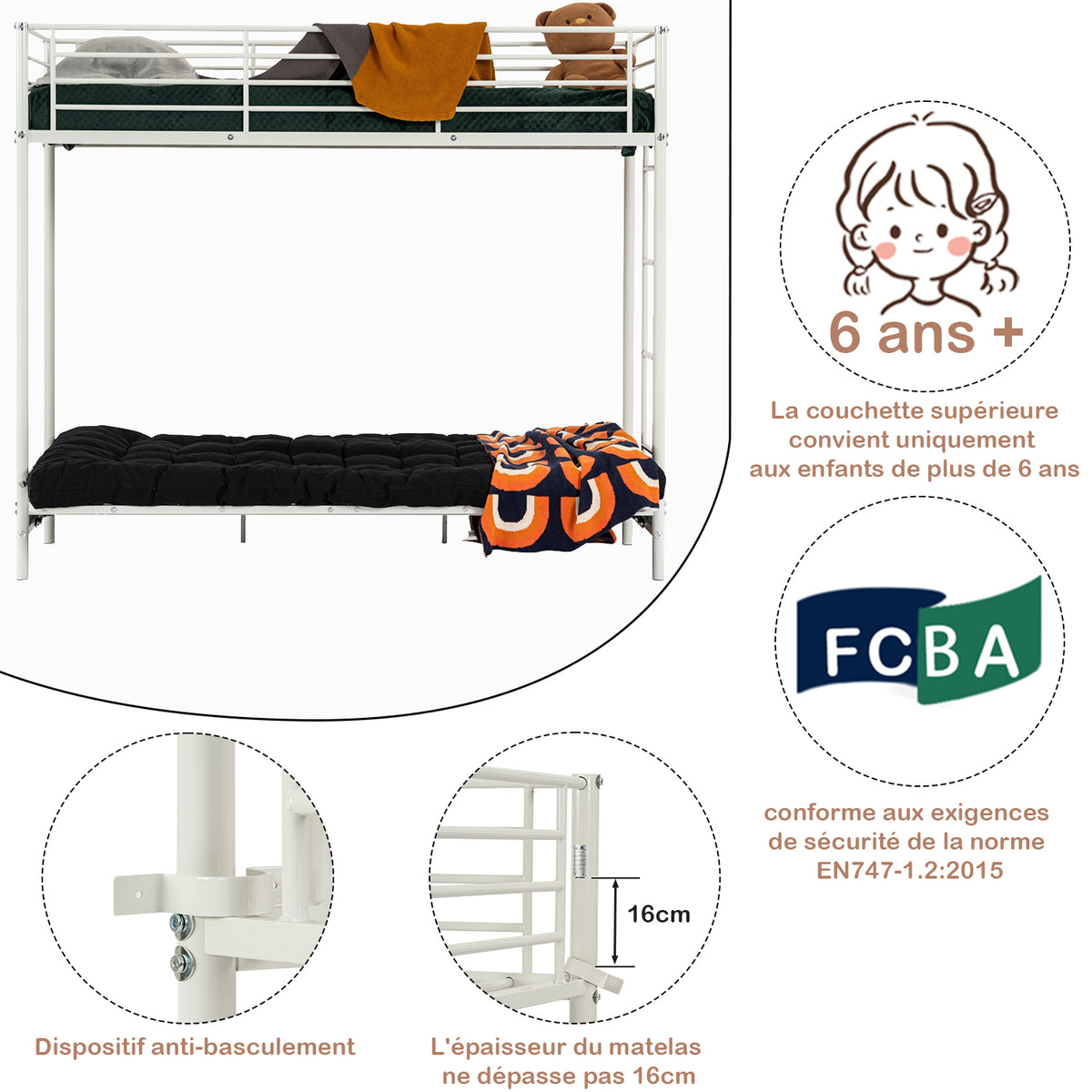 Etagenbett 90x190 cm mit Cabrio -Bank -Sofa und Weißmetallbasis in Weißmetall (Matratze nicht enthalten) - Liberty