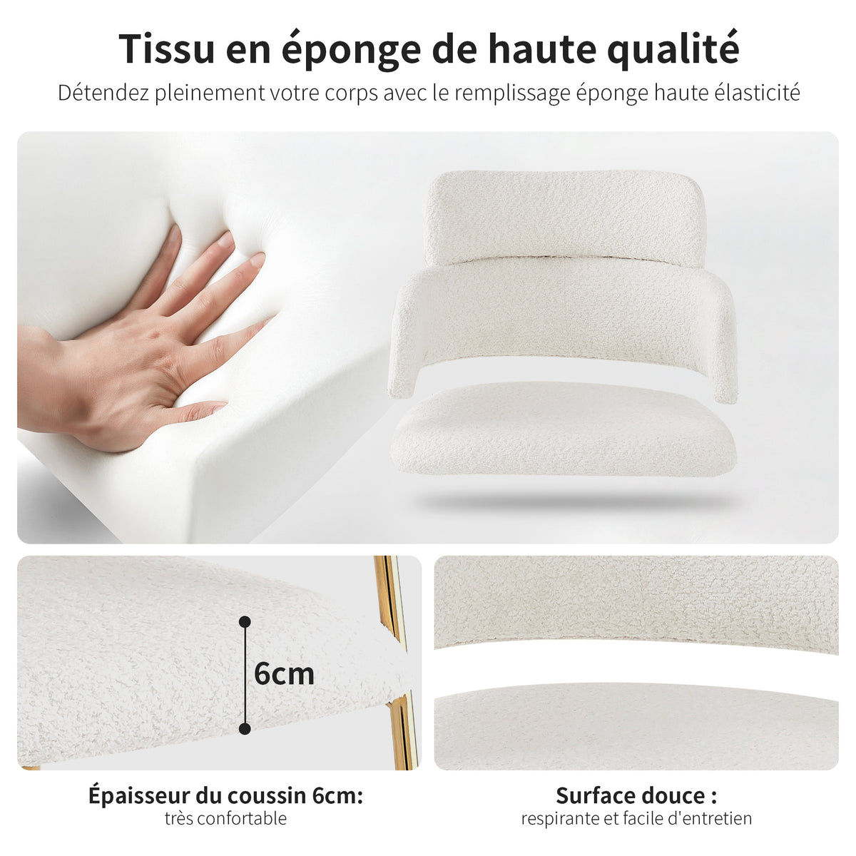 Lot de 6 chaises de salle à manger beiges avec pieds dorés, style moderne