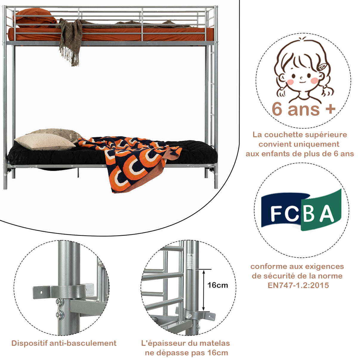 Lit superposé 90x190cm avec banquette convertible canapé et sommier à lattes en métal argenté (matelas non inclus) - LIBERTY