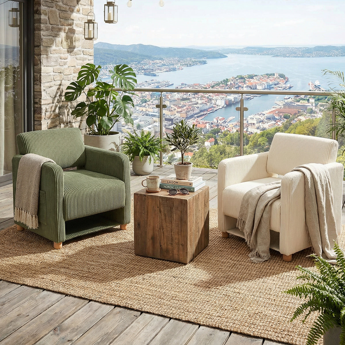 Loungesessel mit Armlehnen aus beigem Cord – DOMCO
