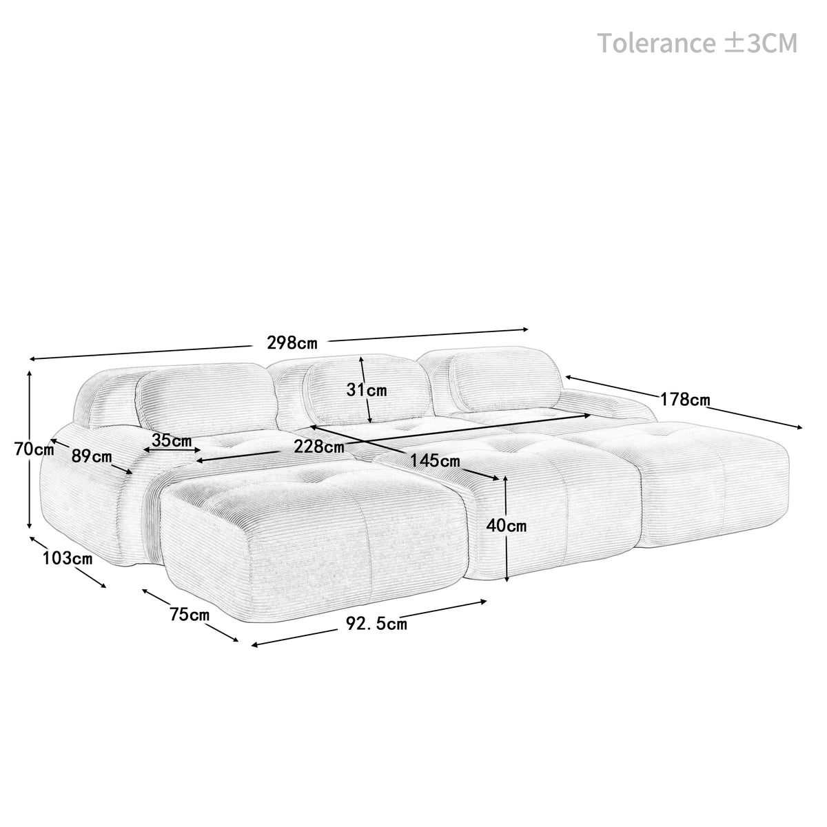 Ensemble de canapés avec accoudoirs incurvés et base antidérapante en tissu velours côtelé doux pour le salon, gris, siège 3 + tabouret 3
