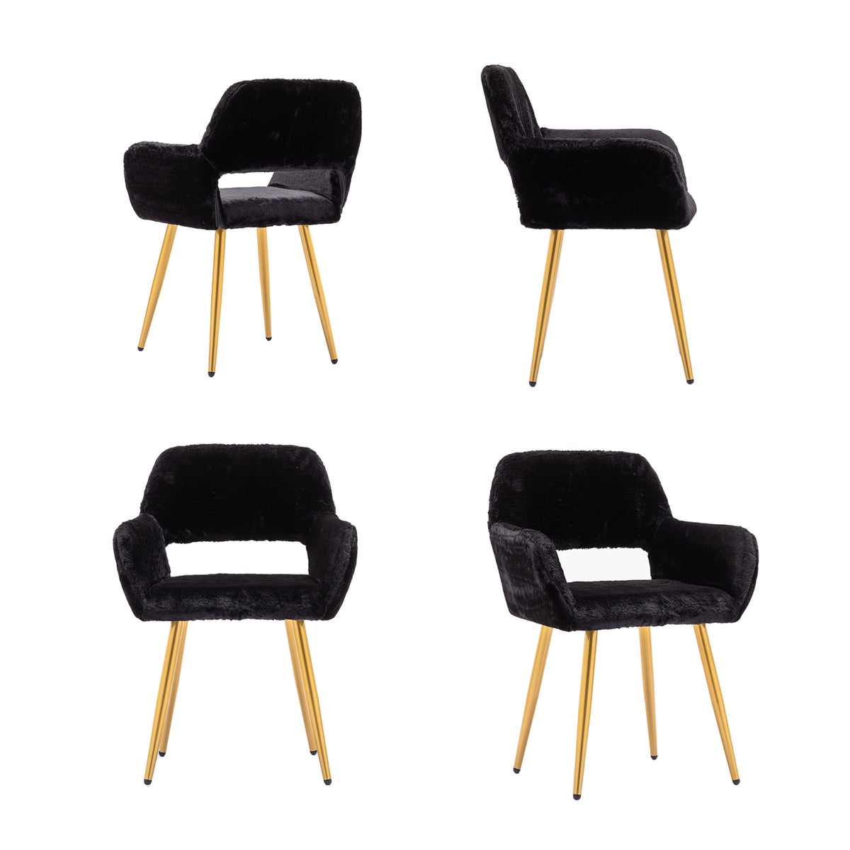 Chaise de salle à manger de style scandinave en fausse fourrure noire avec pieds en métal doré