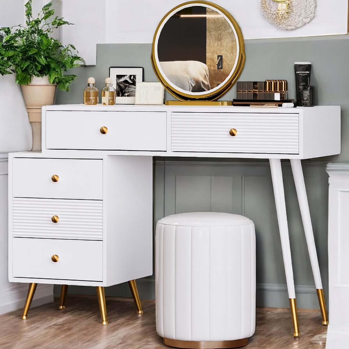 White 4-in-1 dressing table with whole mirror and rotary table mirror, padded stool, integrated storage and 3-color LED lighting, 109x36x164 cm