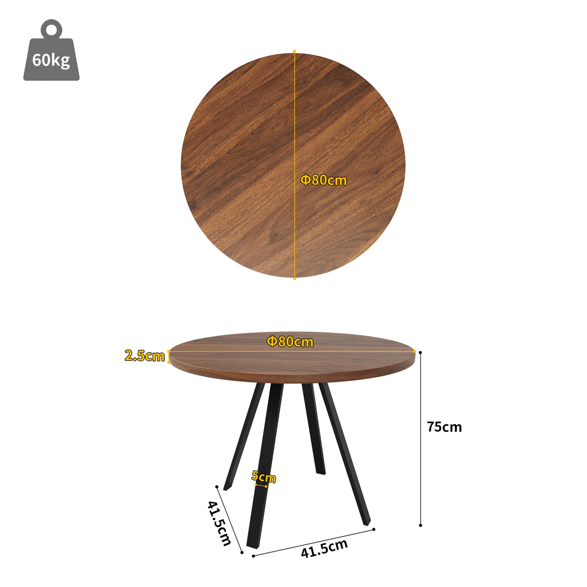 Round Table Table Table Table Timber Ø80 cm with 4 black velvet chairs, modern and comfortable style